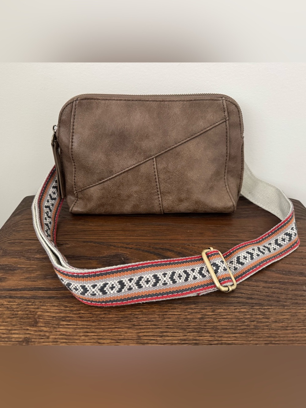 Joy Susan Brown Crossbody Bag with Patterned Strap